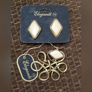 Elegante' Vintage Clip Earrings & Large Pendant**Matte Gold Tone & Ivory**NOS